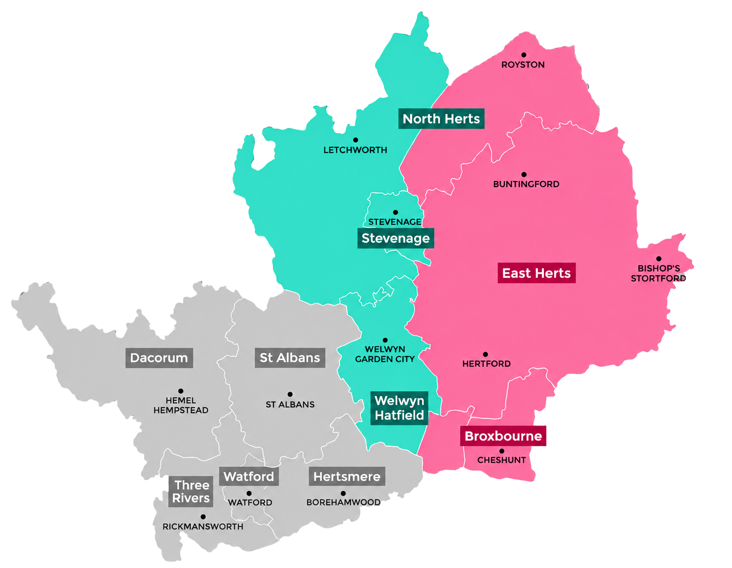 Map of Hertfordshire showing its districts and major towns